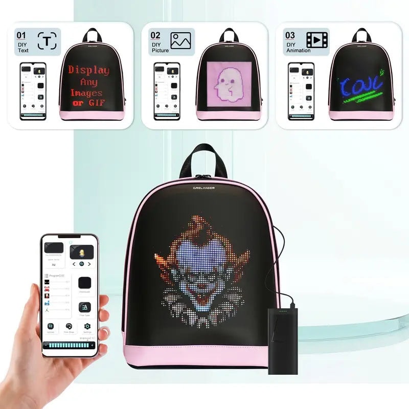 1d766c3b-e263-4b60-8acd-ce9a19ceb169 | UAE SPORT STORE Pink-trim LED display backpack showing a pixel-art clown face; Bluetooth app controls designs on a smartphone and remote.