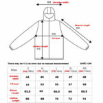 Jacket size chart showing shoulder width, 1/2 bust, sleeve length, and overall clothes length with sizes S to XXL and corresponding measurements in cm.