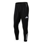 Black Adidas athletic track pants with a white Adidas logo on the thigh and white stripe accents along the leg.