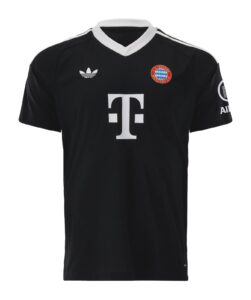 Front view of a black FC Bayern football jersey with white collar, Adidas logo, and large white sponsor logo on the chest.