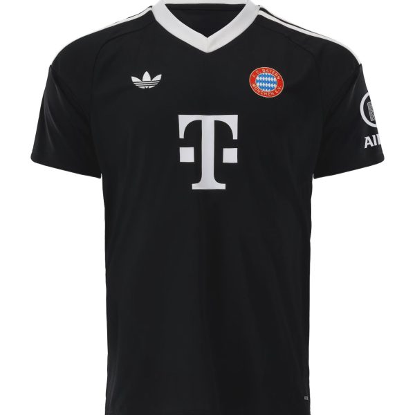 Front view of a black FC Bayern football jersey with white collar, Adidas logo, and large white sponsor logo on the chest.