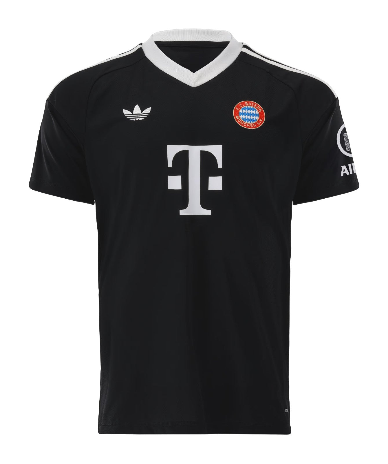 1drztw9TEwebpwA Front view of a black FC Bayern football jersey with white collar, Adidas logo, and large white sponsor logo on the chest.