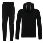 Black tracksuit set (hoodie and joggers) with pink piping along seams, shown from the back view.