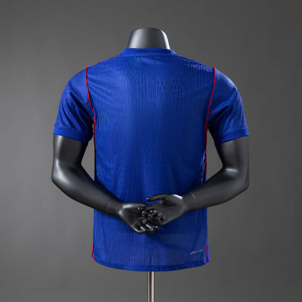 Back view of a royal blue athletic jersey on a mannequin, with red piping along the shoulders and sides