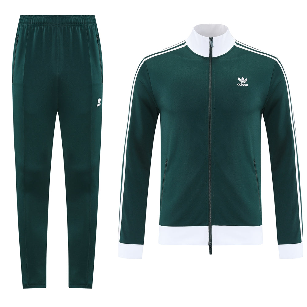 1e9c6c4c Dark green Adidas tracksuit set with a zip-front jacket featuring white stripes and matching pants.