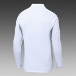 White long-sleeve athletic jacket shown from the back, with light gray side panels and a high collar.