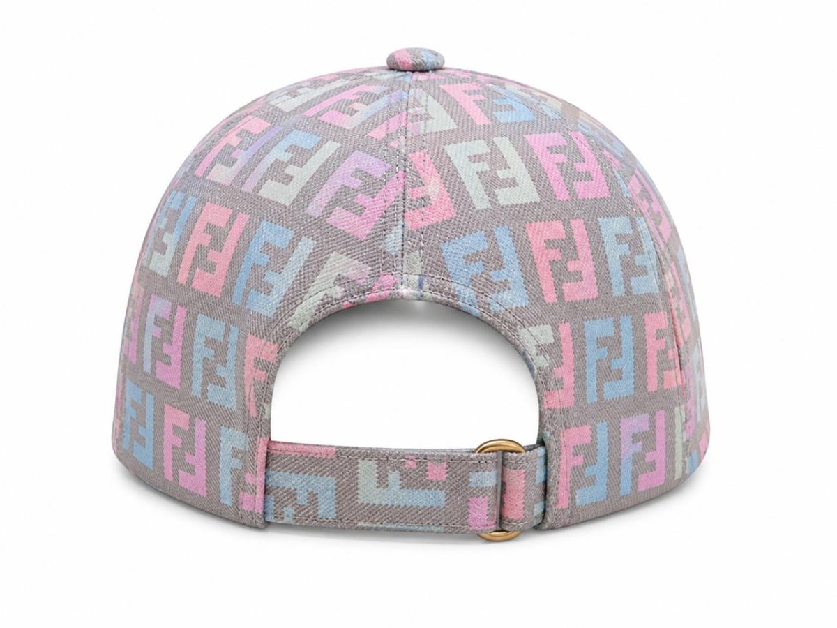 Back view of a grey cap covered in pastel pink, blue, and white Fendi FF logos, with an adjustable strap and small metal buckle.