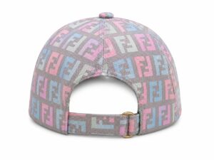 Back view of a grey cap covered in pastel pink, blue, and white Fendi FF logos, with an adjustable strap and small metal buckle.