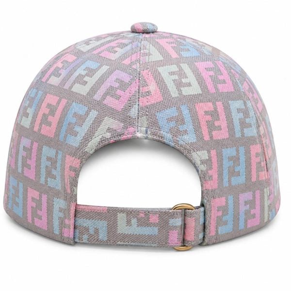 Back view of a grey cap covered in pastel pink, blue, and white Fendi FF logos, with an adjustable strap and small metal buckle.