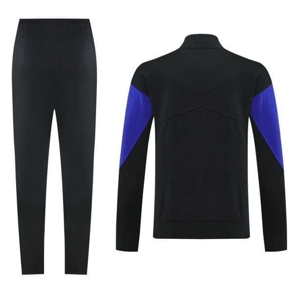 Black athletic tracksuit: straight-leg pants and a black jacket with blue sleeves on the sides. Back view shown in the image fall lines down the arms and back design.