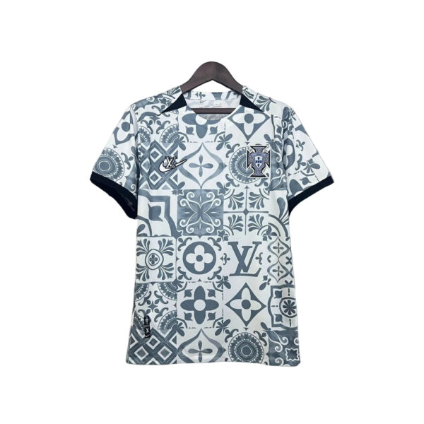 Grey-blue patterned short-sleeve shirt on a hanger featuring Louis Vuitton motifs and crest on the chest