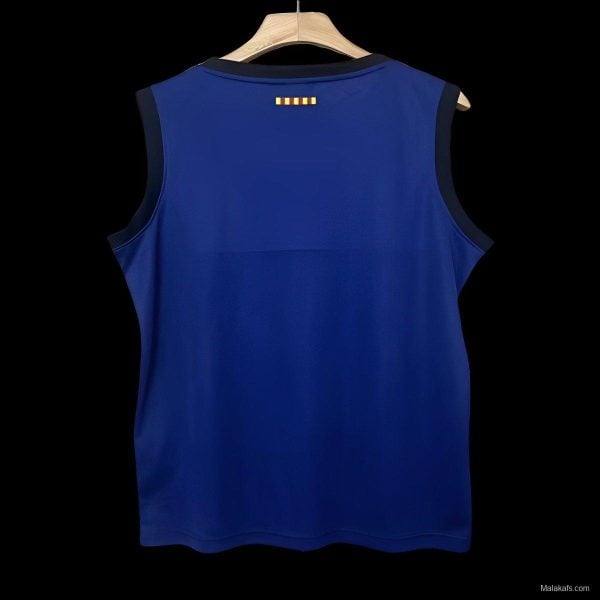 Back view of a royal blue sleeveless sports jersey on a wooden hanger, dark trim along the armholes and neckline.