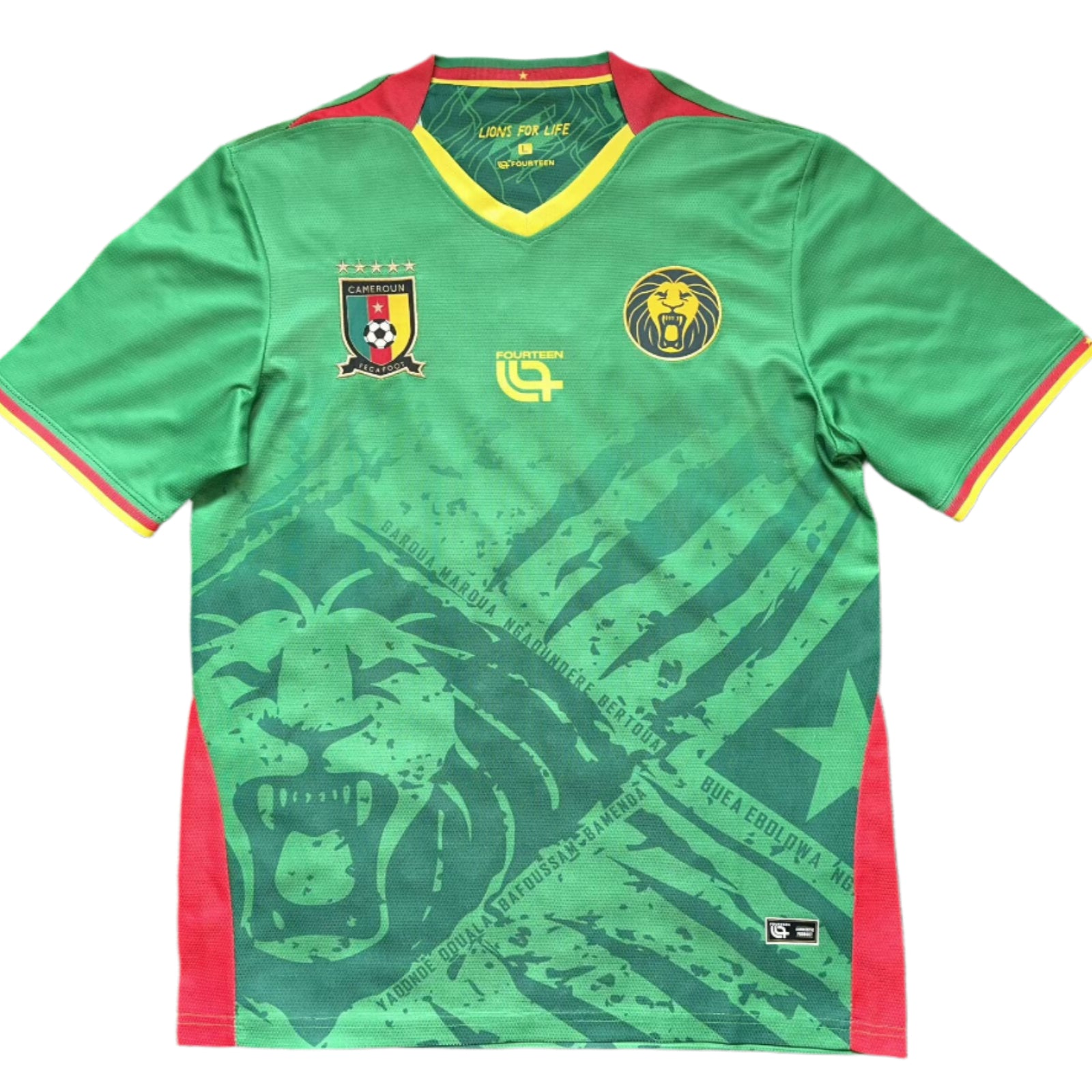 1fea0789 Green Cameroon national football jersey with red/yellow trim and crest on the left chest, lion emblem on the right.