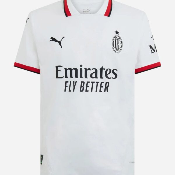 White AC Milan football jersey featuring the club crest on the left chest, Puma logo, and Emirates Fly Better sponsor text across the front with red/black collar trim.