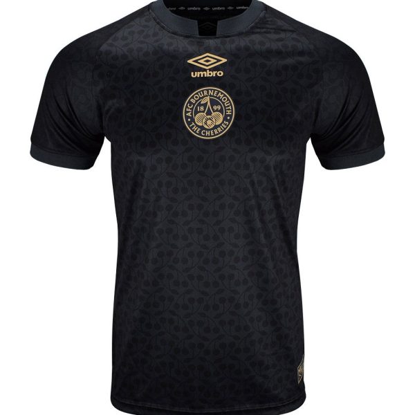 Black AFC Bournemouth football jersey with a gold club crest and Umbro logo, featuring a subtle cherry-pattern design.