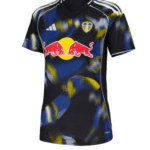 Leeds United football jersey with Red Bull sponsor on front, black with blue and yellow abstract pattern and team crest.