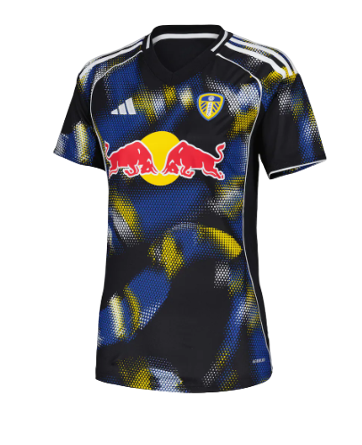 Leeds United football jersey with Red Bull sponsor on front, black with blue and yellow abstract pattern and team crest.
