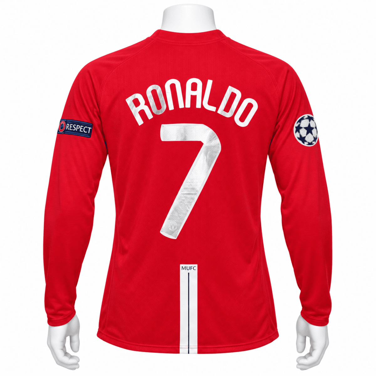 Manchester United home long sleeve jersey with Ronaldo 7, 2008 UCL final, red color.