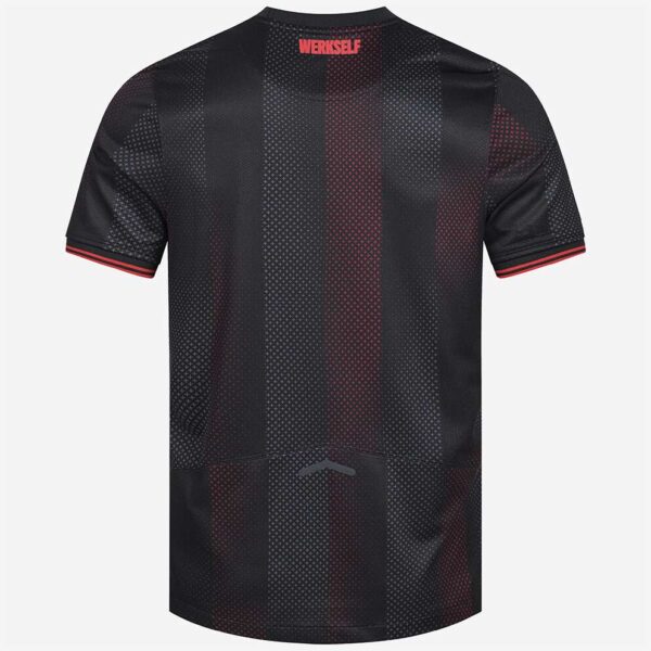 Back view of a black athletic jersey with vertical stripes and subtle red dotted accents, red trim on sleeve cuffs, 'WERKSELF' at the neck, and a small logo near the hem.
