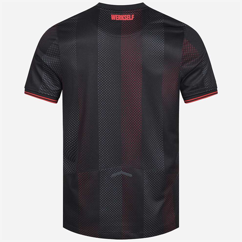 2003118_Heimtrikot-schwarz-rot_NB-2526_Hinten_790567_L | UAE SPORT STORE Back view of a black athletic jersey with vertical stripes and subtle red dotted accents, red trim on sleeve cuffs, 'WERKSELF' at the neck, and a small logo near the hem.