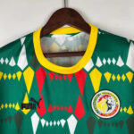 Green football jersey on hanger with a yellow collar, featuring a geometric red, yellow, and white diamond pattern, Puma logo, and federation badge on the chest.