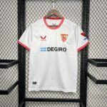 White soccer jersey on hanger with red zigzag trim, Sevilla crest, and Degiro sponsor logo visible on chest area.