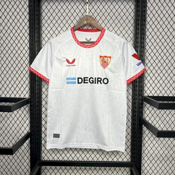 White soccer jersey on hanger with red zigzag trim, Sevilla crest, and Degiro sponsor logo visible on chest area.
