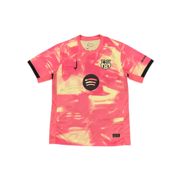 Pink tie-dye FC Barcelona football jersey with Spotify sponsor logo on the chest.