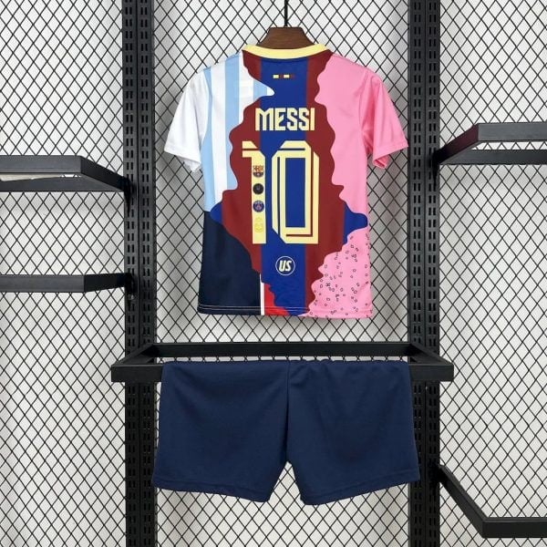 Messi club-mix kids shirt with gold Messi 10 printing and navy shorts, pictured rear views