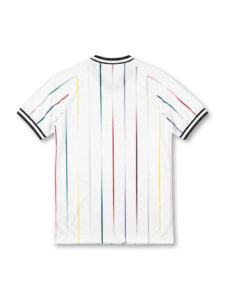 Back view of a white polo with multicolored vertical stripes and black collar trim against a black background.