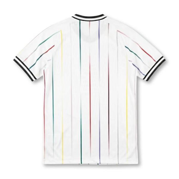 Back view of a white polo with multicolored vertical stripes and black collar trim against a black background.