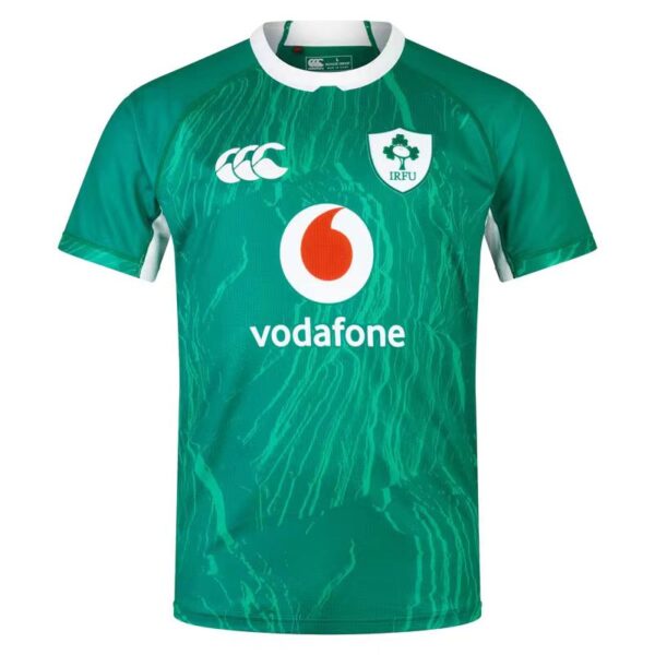Green Ireland rugby jersey with Vodafone logo centered, IRFU crest on the left chest, and CCC brand logo on the right chest