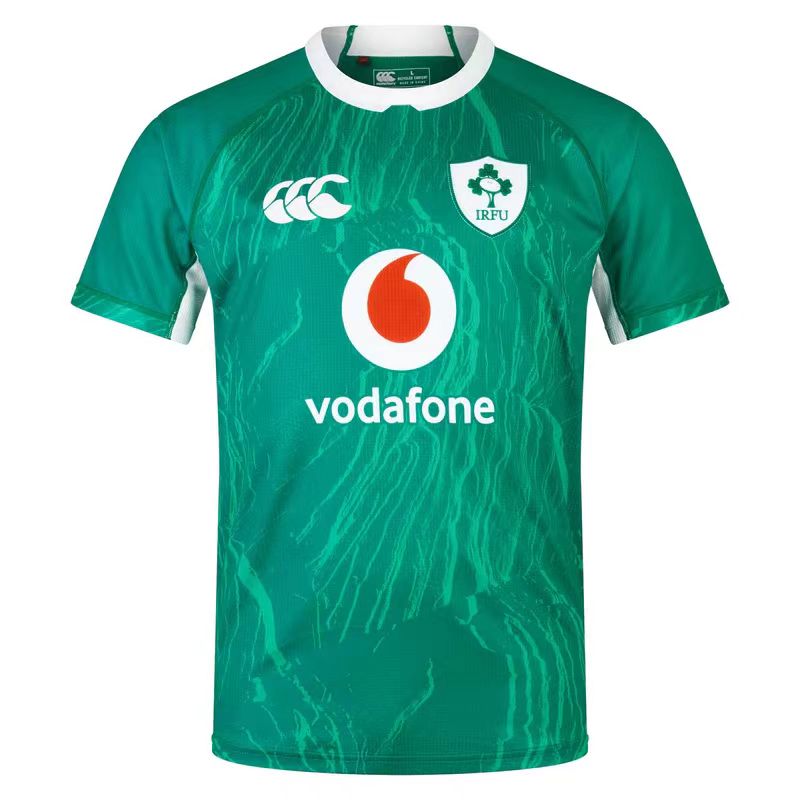 20ce4517 Green Ireland rugby jersey with Vodafone logo centered, IRFU crest on the left chest, and CCC brand logo on the right chest