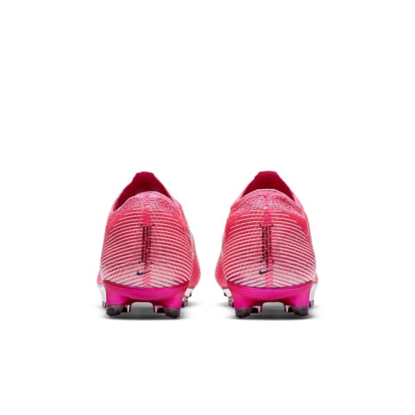 Back view of two bright pink soccer cleats with striped pattern on a white background, showing the studs at the soles.