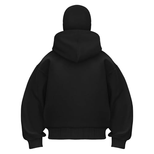 Back view of a black hoodie with the hood up and oversized sleeves.