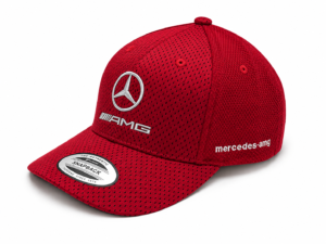 Red Mercedes-AMG cap with mesh fabric, featuring the Mercedes logo and 'mercedes-amg' branding on the side front.