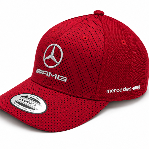 Red Mercedes-AMG cap with mesh fabric, featuring the Mercedes logo and 'mercedes-amg' branding on the side front.