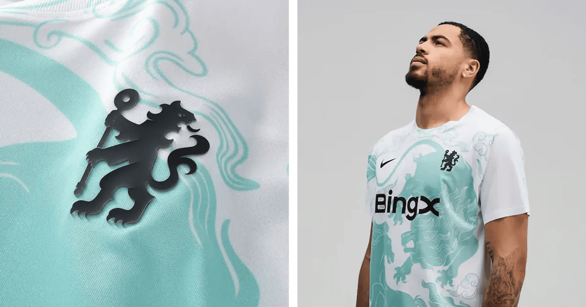 220d643c-2e39-488f-bf41-6f69b25f84f7 | UAE SPORT STORE Close-up of turquoise fabric with a black Chelsea lion crest and flowing swirl patterns nearby.