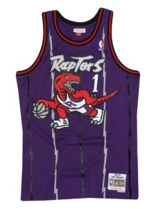 Toronto Raptors purple basketball jersey with a red dinosaur logo, white 'Raptors' text, and number 1.