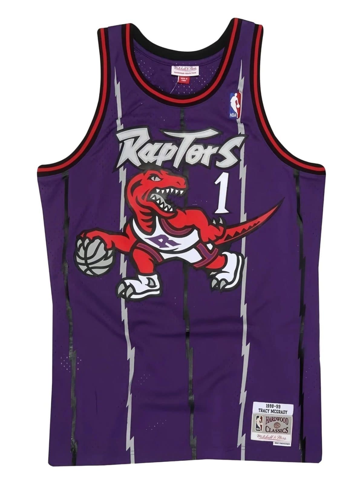 Toronto Raptors purple basketball jersey with a red dinosaur logo, white 'Raptors' text, and number 1.