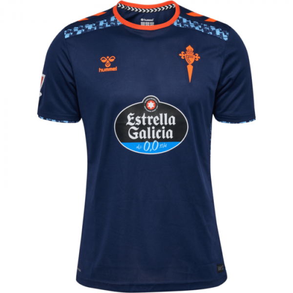 Navy blue soccer jersey with orange trim, orange crest on left chest, Hummel logos on right chest and shoulders, and Estrella Galicia sponsor logo at center.