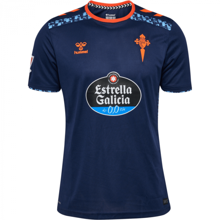 224770-7026_2_2 Navy blue soccer jersey with orange trim, orange crest on left chest, Hummel logos on right chest and shoulders, and Estrella Galicia sponsor logo at center.