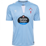 Front view of light blue Hummel soccer jersey with Estrella Galicia sponsor logo center and club crest on the left chest.