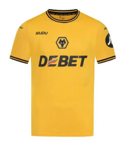 Bright yellow football jersey with black trim, DEBET sponsor across chest, and wolf crest above the logo.