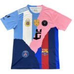 Colorful soccer jersey with blue, pink, and white panels featuring multiple club crests and logos.