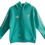 Teal Liverpool FC hoodie with white crest and Adidas logo, front pouch pocket, drawstring hood.