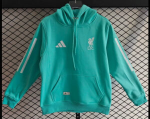 Turquoise Liverpool FC hoodie with Adidas logo on the chest, white sleeve stripes, drawstring hood, and front pocket on display.