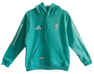 Teal Liverpool FC hoodie with white crest and Adidas logo, front pouch pocket, drawstring hood.