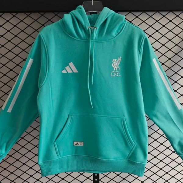 Turquoise Liverpool FC hoodie with Adidas logo on the chest, white sleeve stripes, drawstring hood, and front pocket on display.