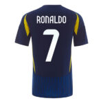 24-25-Al-Nassr-Away-Ronaldo-7-Jersey | UAE SPORT STORE Back view of a navy soccer jersey with yellow accents, displaying 'RONALDO' and the number 7.